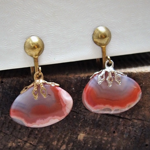 Vintage Jewelry - Banded Agate Stone Vintage Earrings